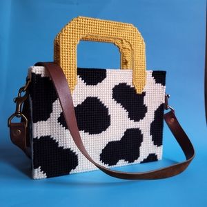 Brand New Handmade Cow Print Needlepoint Handbag